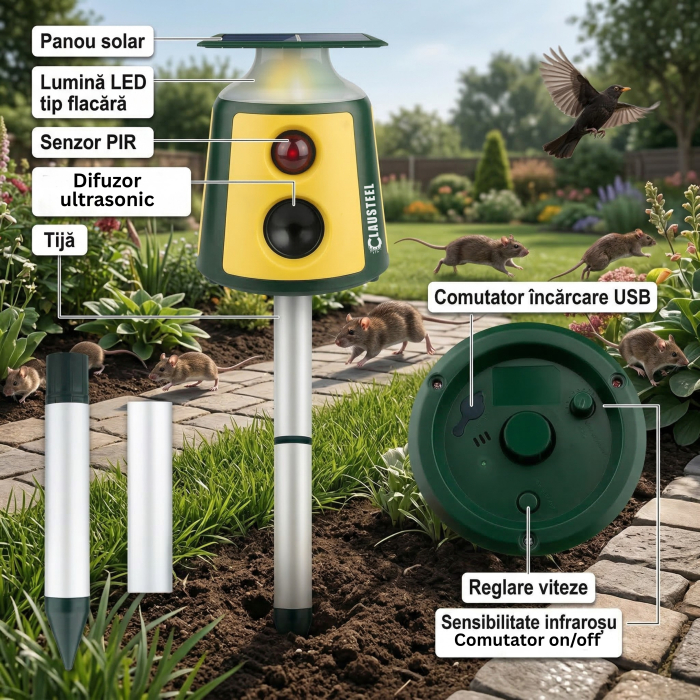 Aparat profesional cu ultrasunete si panou solar CLAUSTEEL 4in1, 3 difuzoare 360°, senzor PIR 360°,  LED-uri tip flacara si alarma sonora, anti rozatoare, sobolani, dihori, pasari, reptile, caini, ani [7]