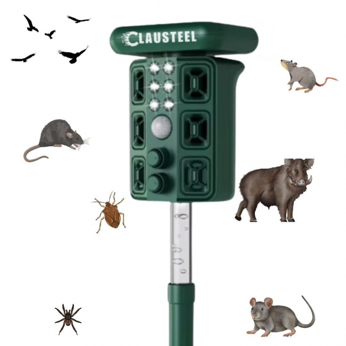 Aparat profesional cu ultrasunete si panou solar CLAUSTEEL 4in1, 4 difuzoare, Flashuri LED, senzor de miscare si infrarosu, anti rozatoare, sobolani, dihori, pasari, reptile, caini, pisici, animale sa [1]