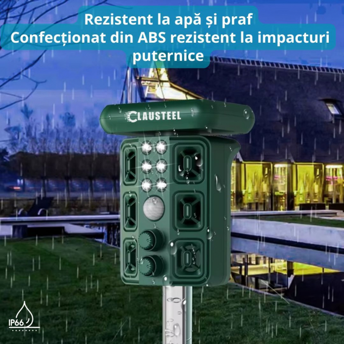 Aparat profesional cu ultrasunete si panou solar CLAUSTEEL 4in1, 4 difuzoare, Flashuri LED, senzor de miscare si infrarosu, anti rozatoare, sobolani, dihori, pasari, reptile, caini, pisici, animale sa [8]