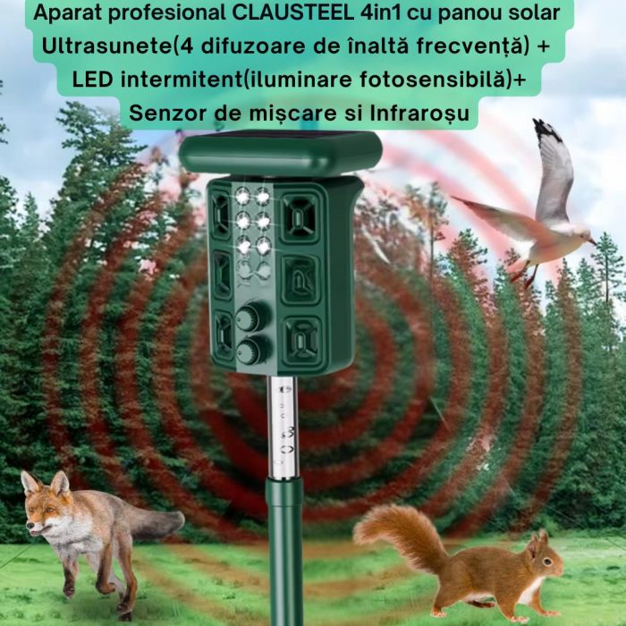Aparat profesional cu ultrasunete si panou solar CLAUSTEEL 4in1, 4 difuzoare, Flashuri LED, senzor de miscare si infrarosu, anti rozatoare, sobolani, dihori, pasari, reptile, caini, pisici, animale sa [3]