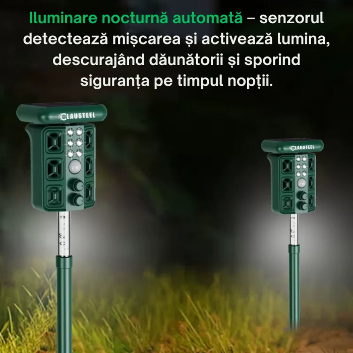 Aparat profesional cu ultrasunete si panou solar CLAUSTEEL 4in1, 4 difuzoare, Flashuri LED, senzor de miscare si infrarosu, anti rozatoare, sobolani, dihori, pasari, reptile, caini, pisici, animale sa [7]