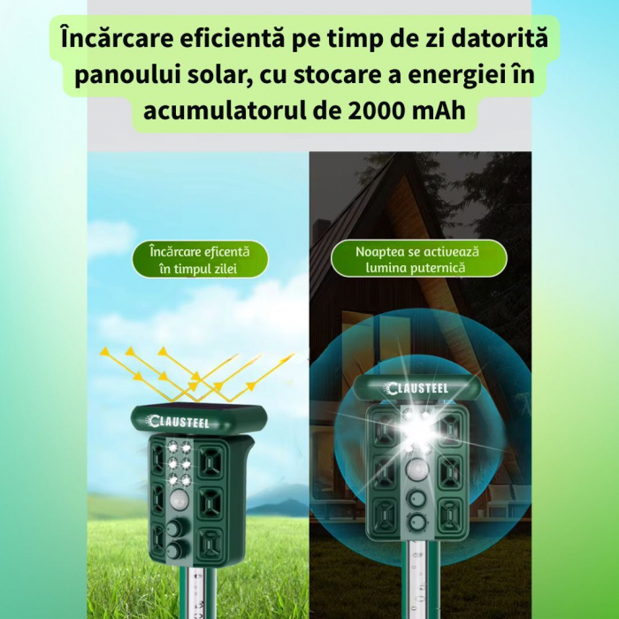 Aparat profesional cu ultrasunete si panou solar CLAUSTEEL 4in1, 4 difuzoare, Flashuri LED, senzor de miscare si infrarosu, anti rozatoare, sobolani, dihori, pasari, reptile, caini, pisici, animale sa [6]