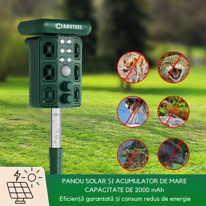Aparat profesional cu ultrasunete si panou solar CLAUSTEEL 4in1, 4 difuzoare, Flashuri LED, senzor de miscare si infrarosu, anti rozatoare, sobolani, dihori, pasari, reptile, caini, pisici, animale sa [5]