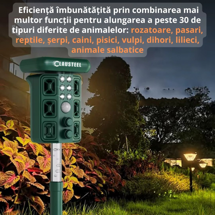 Aparat profesional cu ultrasunete si panou solar CLAUSTEEL 4in1, 4 difuzoare, Flashuri LED, senzor de miscare si infrarosu, anti rozatoare, sobolani, dihori, pasari, reptile, caini, pisici, animale sa [2]
