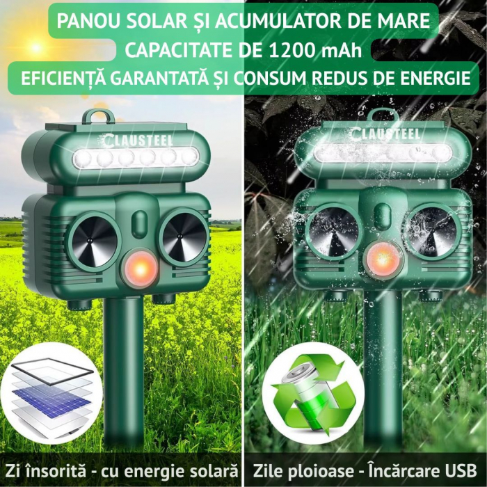 Aparat profesional cu ultrasunete si panou solar CLAUSTEEL 4in1, Flashuri LED, senzor de miscare, senzor de lumina, anti rozatoare, sobolani, dihori, pasari, reptile, caini, pisici, animale salbatice, [5]