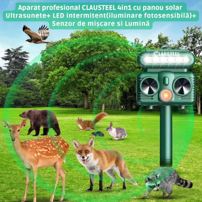 Aparat profesional cu ultrasunete si panou solar CLAUSTEEL 4in1, Flashuri LED, senzor de miscare, senzor de lumina, anti rozatoare, sobolani, dihori, pasari, reptile, caini, pisici, animale salbatice, [3]