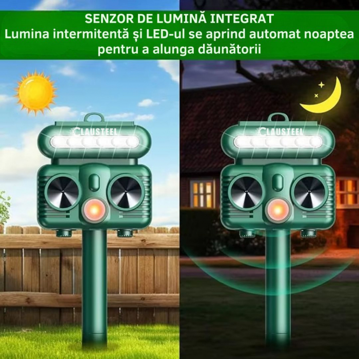 Aparat profesional cu ultrasunete si panou solar CLAUSTEEL 4in1, Flashuri LED, senzor de miscare, senzor de lumina, anti rozatoare, sobolani, dihori, pasari, reptile, caini, pisici, animale salbatice, [6]