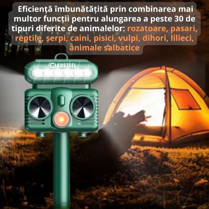 Aparat profesional cu ultrasunete si panou solar CLAUSTEEL 4in1, Flashuri LED, senzor de miscare, senzor de lumina, anti rozatoare, sobolani, dihori, pasari, reptile, caini, pisici, animale salbatice, [2]