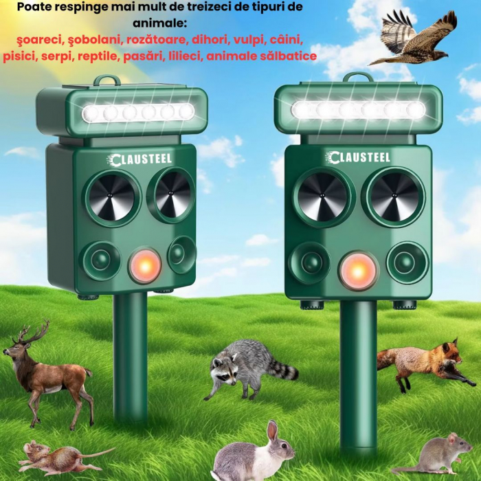Aparat profesional cu ultrasunete si panou solar CLAUSTEEL 4in1, lumini intermitente, senzor de miscare, senzor de lumina, anti rozatoare, anti sobolani, dihori, pasari, reptile, caini, pisici, animal [2]