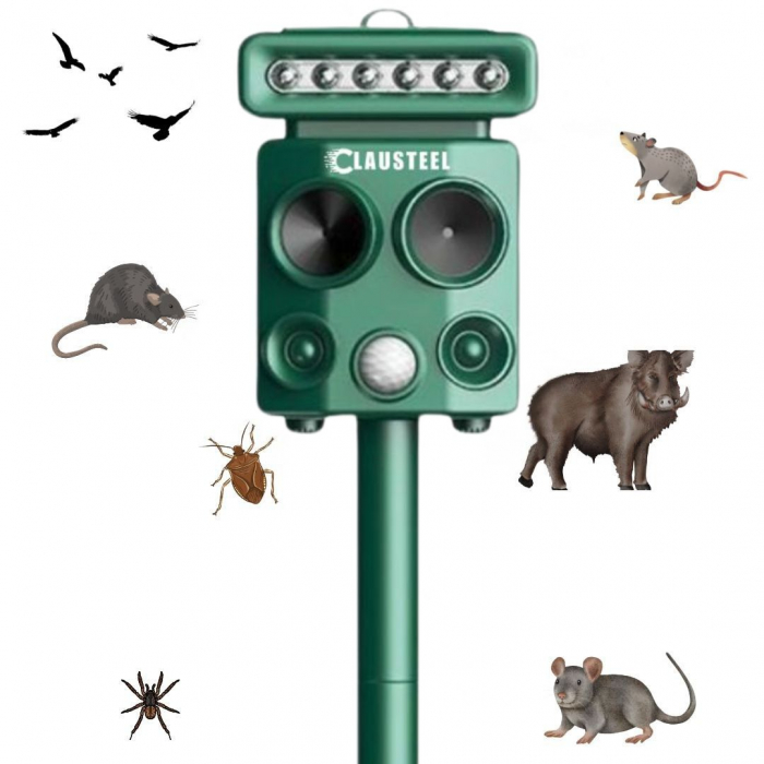 Aparat profesional cu ultrasunete si panou solar CLAUSTEEL 4in1, lumini intermitente, senzor de miscare, senzor de lumina, anti rozatoare, anti sobolani, dihori, pasari, reptile, caini, pisici, animal [1]