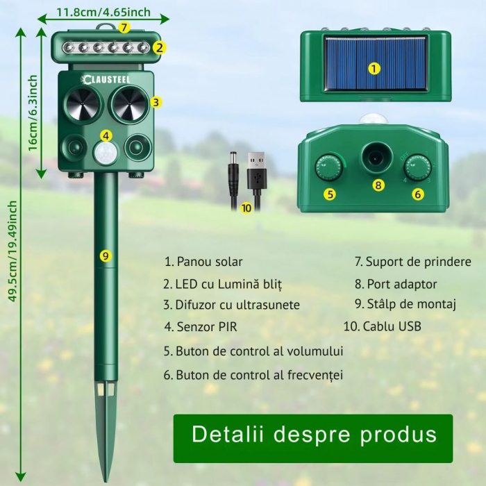 Aparat profesional cu ultrasunete si panou solar CLAUSTEEL 4in1, lumini intermitente, senzor de miscare, senzor de lumina, anti rozatoare, anti sobolani, dihori, pasari, reptile, caini, pisici, animal [7]