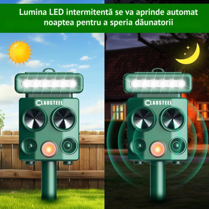 Aparat profesional cu ultrasunete si panou solar CLAUSTEEL 4in1, lumini intermitente, senzor de miscare, senzor de lumina, anti rozatoare, anti sobolani, dihori, pasari, reptile, caini, pisici, animal [5]