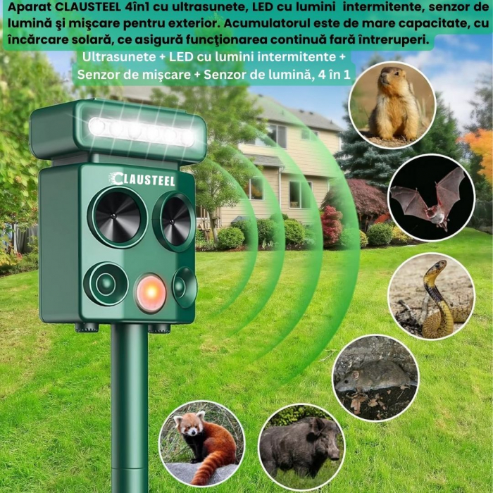 Aparat profesional cu ultrasunete si panou solar CLAUSTEEL 4in1, lumini intermitente, senzor de miscare, senzor de lumina, anti rozatoare, anti sobolani, dihori, pasari, reptile, caini, pisici, animal [3]