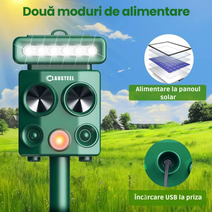 Aparat profesional cu ultrasunete si panou solar CLAUSTEEL 4in1, lumini intermitente, senzor de miscare, senzor de lumina, anti rozatoare, anti sobolani, dihori, pasari, reptile, caini, pisici, animal [6]