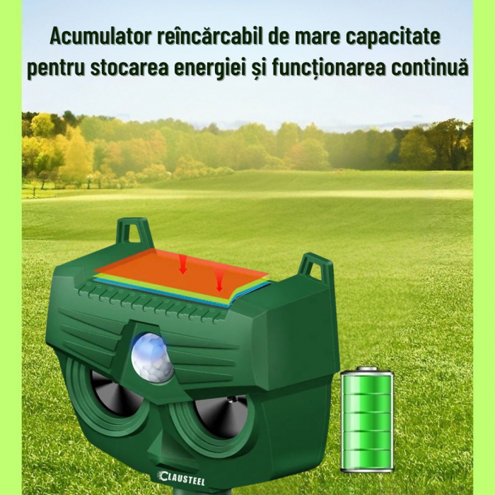 Aparat profesional cu ultrasunete si panou solar CLAUSTEEL 4in1, lumini stroboscopice, alarma 120 DB, senzor de miscare, anti rozatoare, anti sobolani, dihori, pasari, reptile, caini, pisici, animale [5]