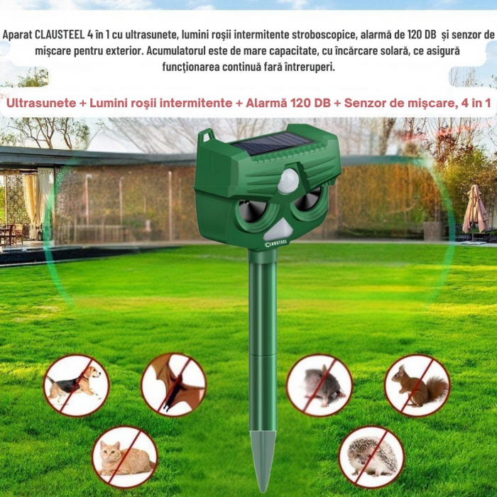 Aparat profesional cu ultrasunete si panou solar CLAUSTEEL 4in1, lumini stroboscopice, alarma 120 DB, senzor de miscare, anti rozatoare, anti sobolani, dihori, pasari, reptile, caini, pisici, animale [2]