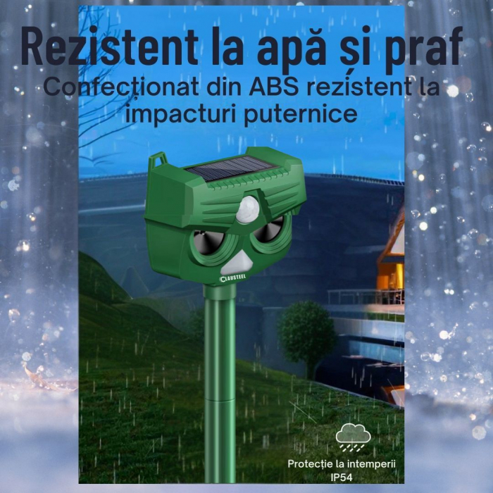 Aparat profesional cu ultrasunete si panou solar CLAUSTEEL 4in1, lumini stroboscopice, alarma 120 DB, senzor de miscare, anti rozatoare, anti sobolani, dihori, pasari, reptile, caini, pisici, animale [6]