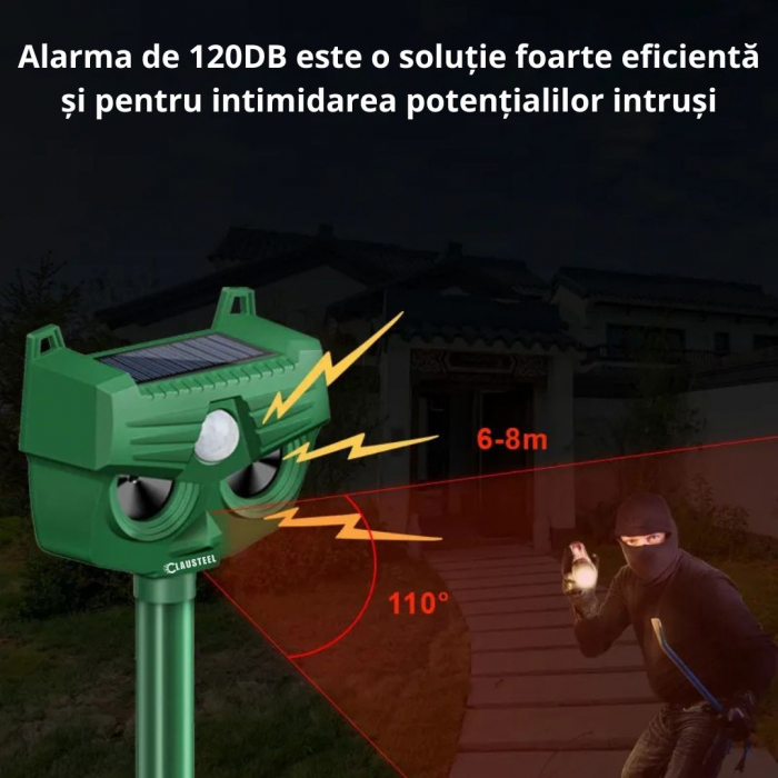 Aparat profesional cu ultrasunete si panou solar CLAUSTEEL 4in1, lumini stroboscopice, alarma 120 DB, senzor de miscare, anti rozatoare, anti sobolani, dihori, pasari, reptile, caini, pisici, animale [9]