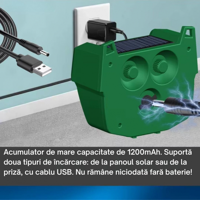 Aparat profesional cu ultrasunete si panou solar CLAUSTEEL 4in1, lumini stroboscopice, alarma 120 DB, senzor de miscare, anti rozatoare, anti sobolani, dihori, pasari, reptile, caini, pisici, animale [8]