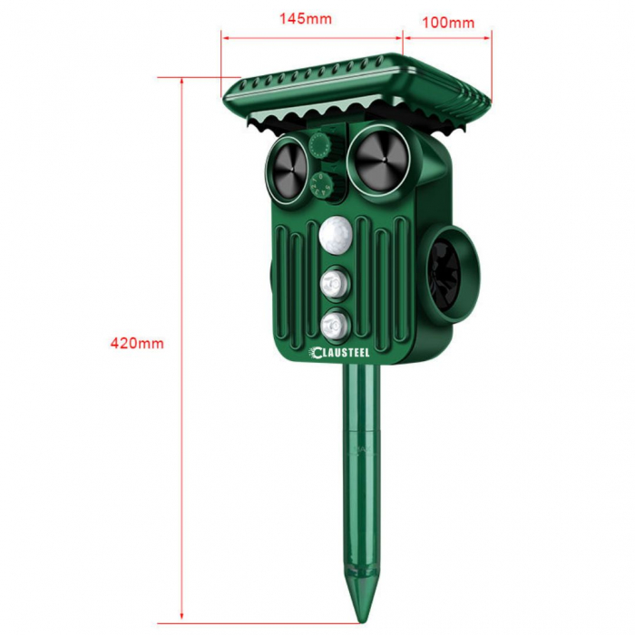 Aparat profesional cu ultrasunete si panou solar CLAUSTEEL 4in1, lumini stroboscopice, vibratii subterane, senzor de miscare, anti rozatoare, anti sobolani, dihori, pasari, reptile, caini, pisici, ani [12]