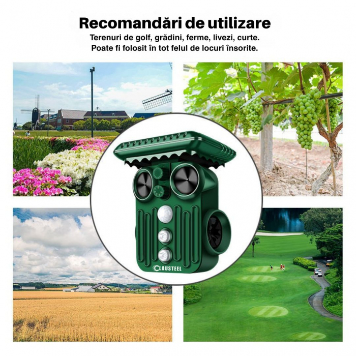 Aparat profesional cu ultrasunete si panou solar CLAUSTEEL 4in1, lumini stroboscopice, vibratii subterane, senzor de miscare, anti rozatoare, anti sobolani, dihori, pasari, reptile, caini, pisici, ani [10]