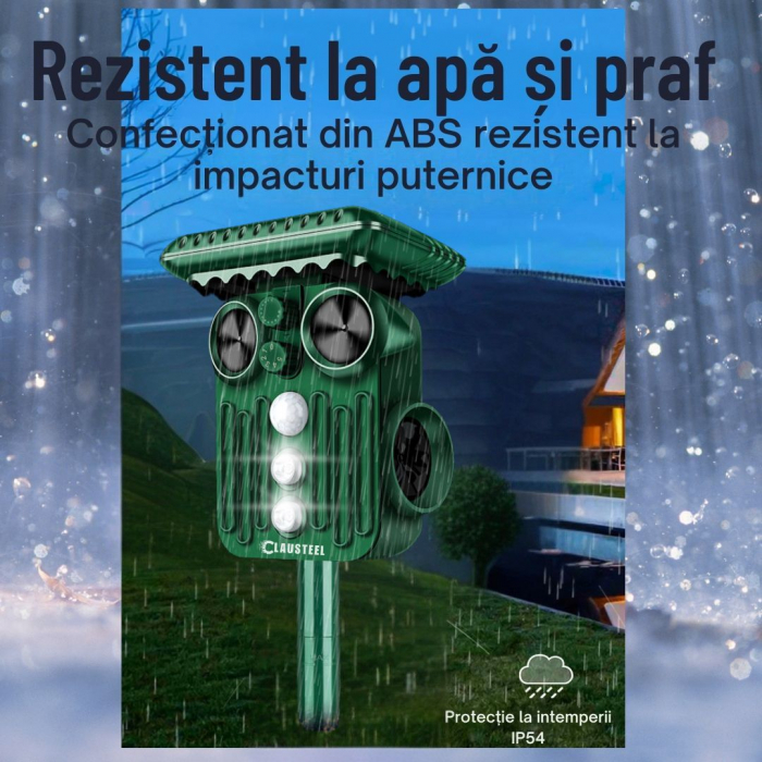Aparat profesional cu ultrasunete si panou solar CLAUSTEEL 4in1, lumini stroboscopice, vibratii subterane, senzor de miscare, anti rozatoare, anti sobolani, dihori, pasari, reptile, caini, pisici, ani [8]