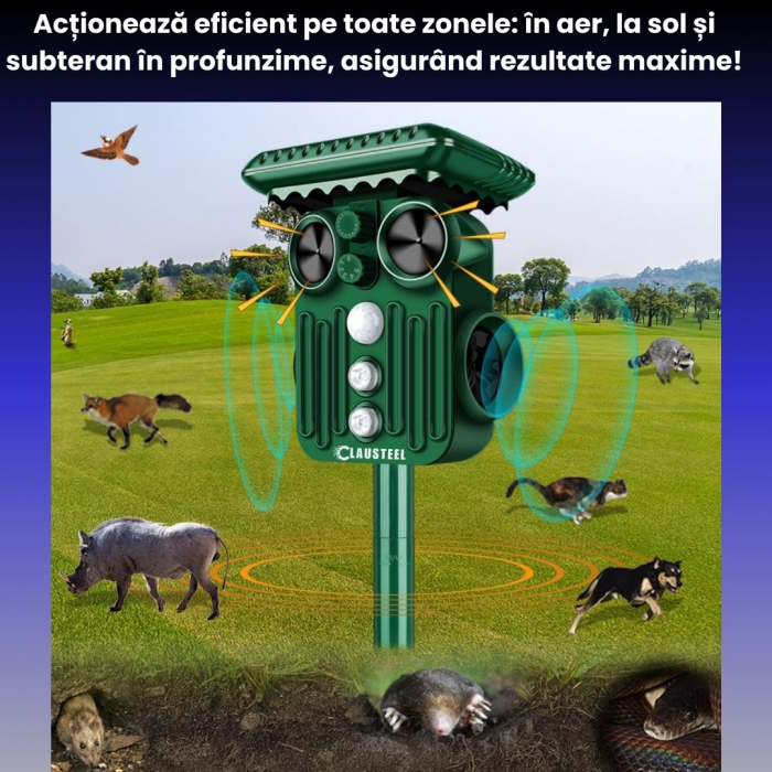 Aparat profesional cu ultrasunete si panou solar CLAUSTEEL 4in1, lumini stroboscopice, vibratii subterane, senzor de miscare, anti rozatoare, anti sobolani, dihori, pasari, reptile, caini, pisici, ani [3]