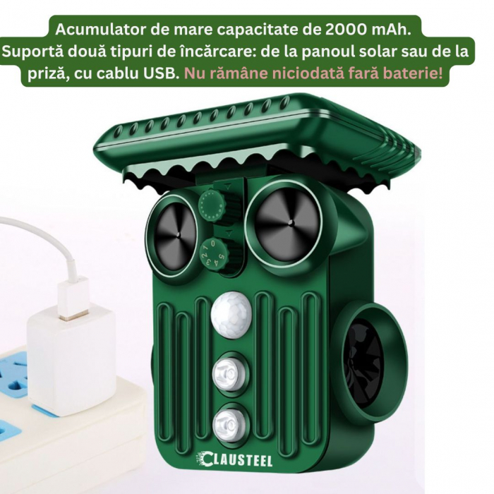 Aparat profesional cu ultrasunete si panou solar CLAUSTEEL 4in1, lumini stroboscopice, vibratii subterane, senzor de miscare, anti rozatoare, anti sobolani, dihori, pasari, reptile, caini, pisici, ani [9]