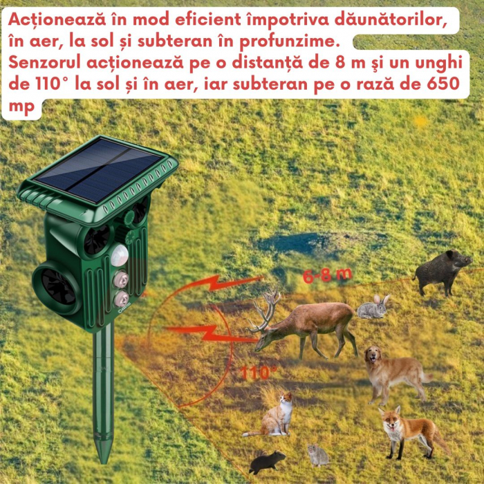 Aparat profesional cu ultrasunete si panou solar CLAUSTEEL 4in1, lumini stroboscopice, vibratii subterane, senzor de miscare, anti rozatoare, anti sobolani, dihori, pasari, reptile, caini, pisici, ani [5]
