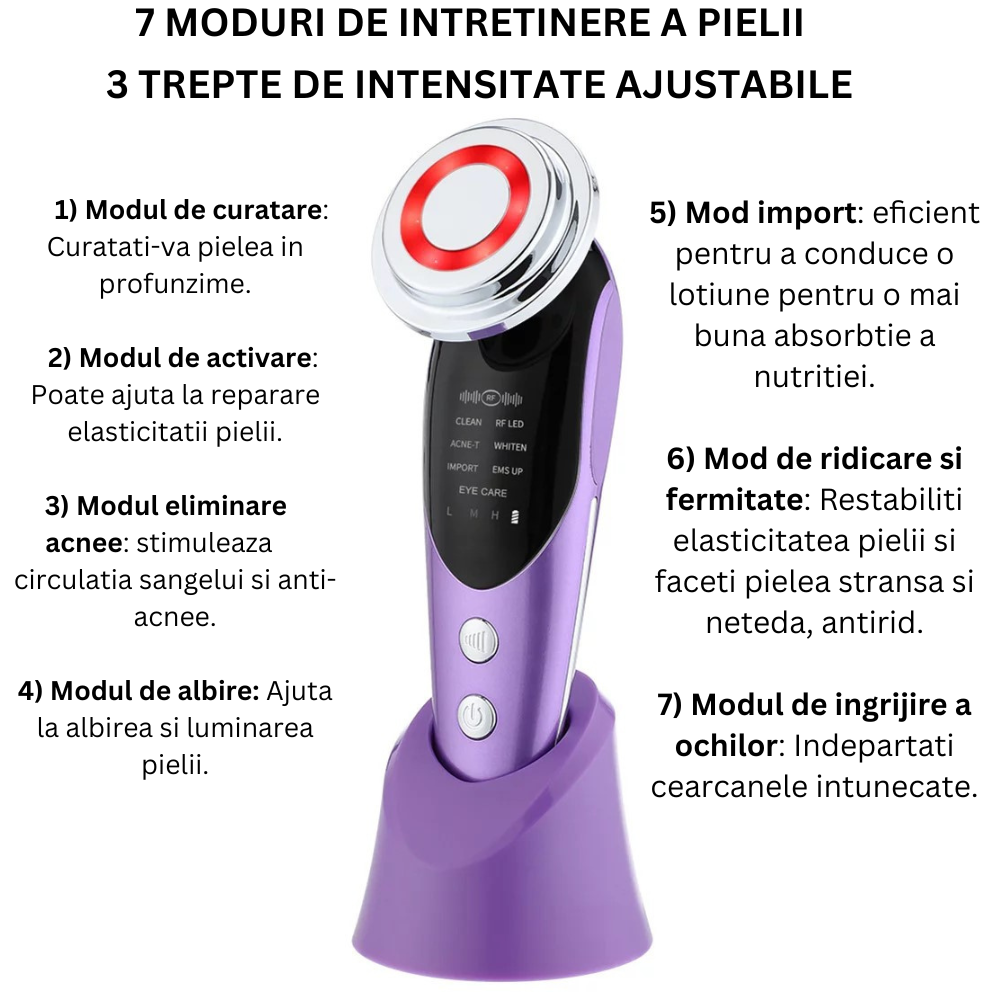 Aparat Profesional pentru masaj si tratament facial, Intinerirea pielii 7 in 1, Stimulare EMS, Lifting facial, Eliminare Acnee, Terapie cu fotoni de lumina, Anti rid, Mov [2]