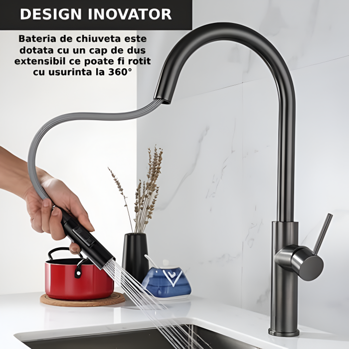 Baterie profesionala CLAUSTEEL pentru chiuveta bucatarie, Senzor de pornire la atingere (touch control), Rotire 360°, Dus extractabil si pipa flexibila, 2 functii de curgere a apei, Design modern, KIT [7]