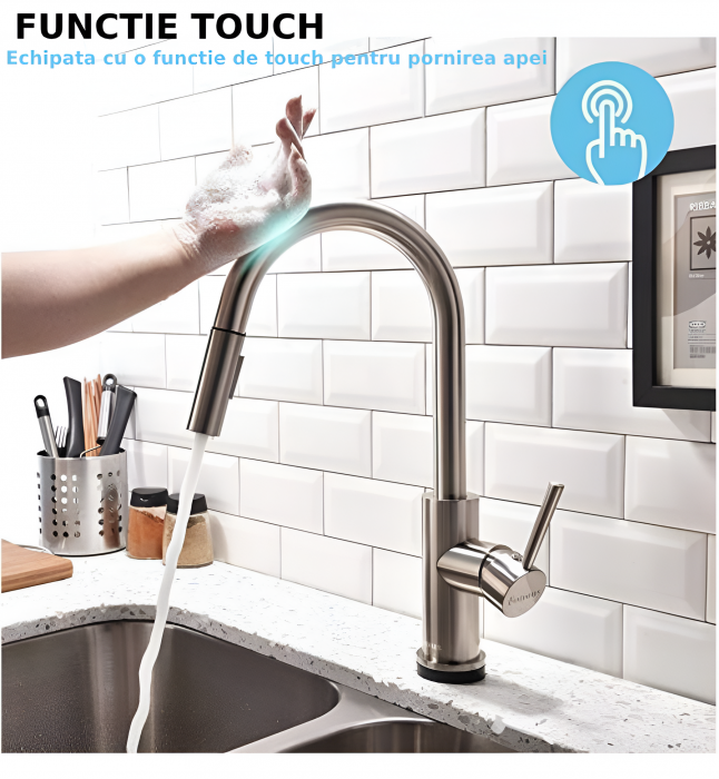 Baterie profesionala CLAUSTEEL pentru chiuveta bucatarie, Senzor de pornire la atingere (touch control), Rotire 360°, Dus extractabil si pipa flexibila, 2 functii de curgere a apei, Design modern, KIT [2]