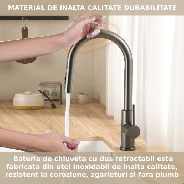 Baterie profesionala CLAUSTEEL pentru chiuveta bucatarie, Senzor de pornire la atingere (touch control), Rotire 360°, Dus extractabil si pipa flexibila, 2 functii de curgere a apei, Design modern, KIT [6]