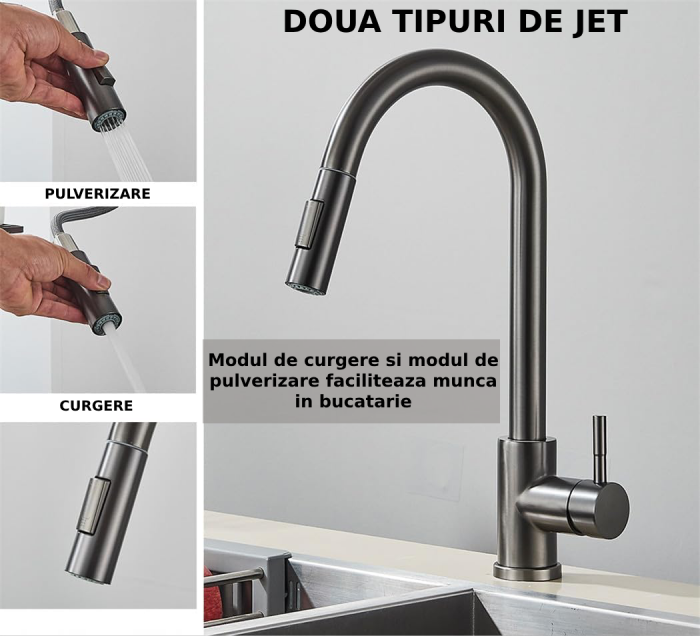 Baterie profesionala CLAUSTEEL pentru chiuveta bucatarie, Senzor de pornire la atingere (touch control), Rotire 360°, Dus extractabil si pipa flexibila, 2 functii de curgere a apei, Design modern, KIT [3]