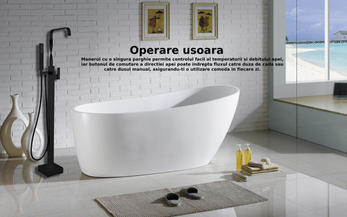Baterie profesionala tip Freestanding CLAUSTEEL, Montaj pe podea, Tip cascada, Dus de mana, Dubla Comanda, Design unicat, Culoare negru mat [5]