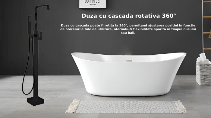 Baterie profesionala tip Freestanding CLAUSTEEL, Montaj pe podea, Tip cascada, Dus de mana, Dubla Comanda, Design unicat, Culoare negru mat [3]