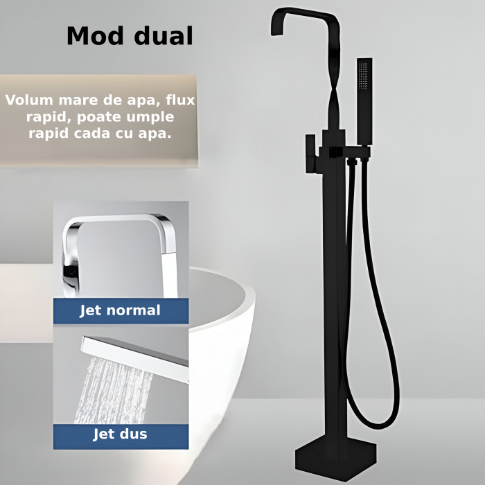 Baterie profesionala tip Freestanding CLAUSTEEL, Montaj pe podea, Tip cascada, Dus de mana, Dubla Comanda, Design unicat, Culoare negru mat [4]