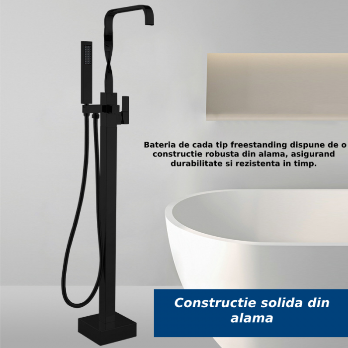 Baterie profesionala tip Freestanding CLAUSTEEL, Montaj pe podea, Tip cascada, Dus de mana, Dubla Comanda, Design unicat, Culoare negru mat [6]