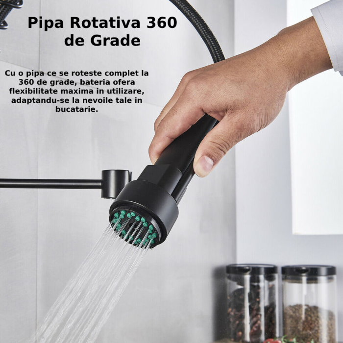Baterie Sanitara Profesionala CLAUSTEEL pentru Bucatarie, Dubla comanda, Dus Flexibil, Robinet rotatativ 360 de Grade, Pipa Suplimentara, Alama, Kit complet de instalare inclus, Negru [4]