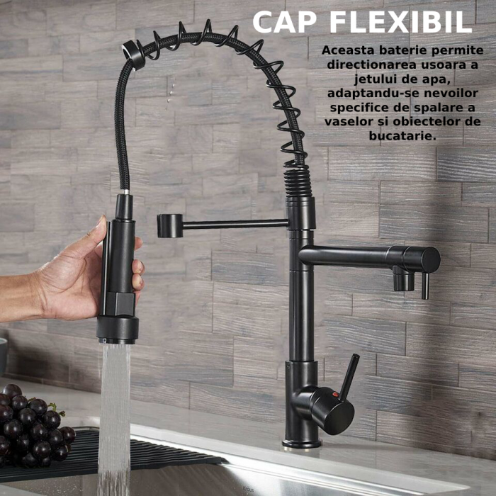 Baterie Sanitara Profesionala CLAUSTEEL pentru Bucatarie, Dubla comanda, Dus Flexibil, Robinet rotatativ 360 de Grade, Pipa Suplimentara, Alama, Kit complet de instalare inclus, Negru [8]