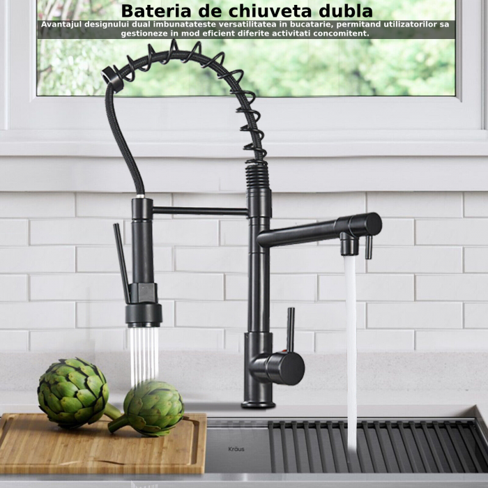 Baterie Sanitara Profesionala CLAUSTEEL pentru Bucatarie, Dubla comanda, Dus Flexibil, Robinet rotatativ 360 de Grade, Pipa Suplimentara, Alama, Kit complet de instalare inclus, Negru [7]