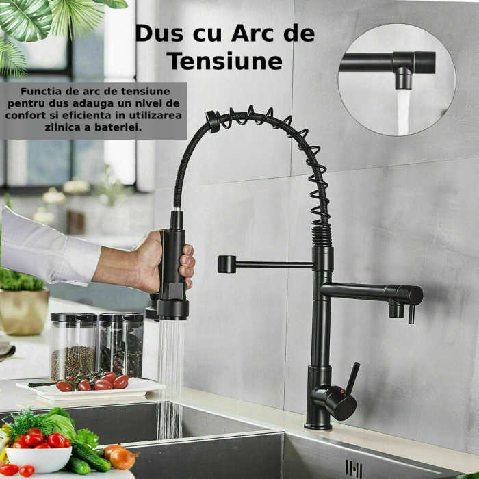 Baterie Sanitara Profesionala CLAUSTEEL pentru Bucatarie, Dubla comanda, Dus Flexibil, Robinet rotatativ 360 de Grade, Pipa Suplimentara, Alama, Kit complet de instalare inclus, Negru [3]