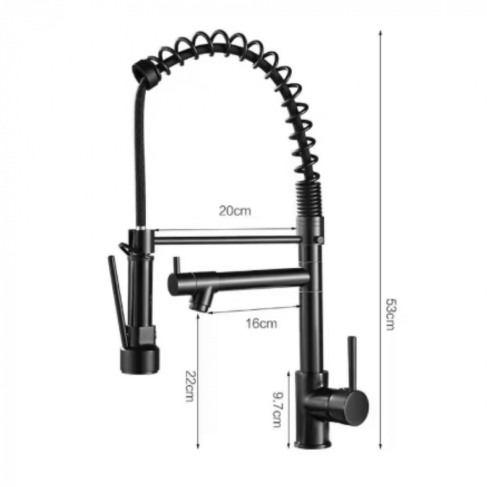 Baterie Sanitara Profesionala CLAUSTEEL pentru Bucatarie, Dubla comanda, Dus Flexibil, Robinet rotatativ 360 de Grade, Pipa Suplimentara, Alama, Kit complet de instalare inclus, Negru [9]