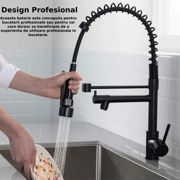 Baterie Sanitara Profesionala CLAUSTEEL pentru Bucatarie, Dubla comanda, Dus Flexibil, Robinet rotatativ 360 de Grade, Pipa Suplimentara, Alama, Kit complet de instalare inclus, Negru [5]