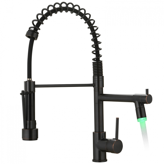Baterie Sanitara Profesionala CLAUSTEEL pentru Bucatarie, Dubla comanda, Dus Flexibil, Robinet rotatativ 360 de Grade, Pipa Suplimentara, Alama, Kit complet de instalare inclus, Negru [1]