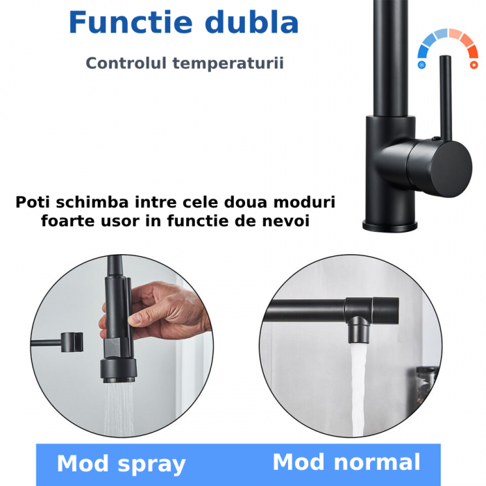 Baterie Sanitara Profesionala CLAUSTEEL pentru Bucatarie, Dubla comanda, Dus Flexibil, Robinet rotatativ 360 de Grade, Pipa Suplimentara, Alama, Kit complet de instalare inclus, Negru [2]