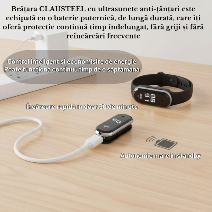 Bratara anti-tantari cu Ultrasunete si Ceas Digital CLAUSTEEL, Masoara Temperatura corporala si Numarul de pasi, Model Ultimate, Anti-insecte, Incarcare USB, Rezistenta la apa, Unisex, negru [6]