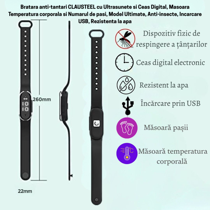 Bratara anti-tantari cu Ultrasunete si Ceas Digital CLAUSTEEL, Masoara Temperatura corporala si Numarul de pasi, Model Ultimate, Anti-insecte, Incarcare USB, Rezistenta la apa, Unisex, negru [2]