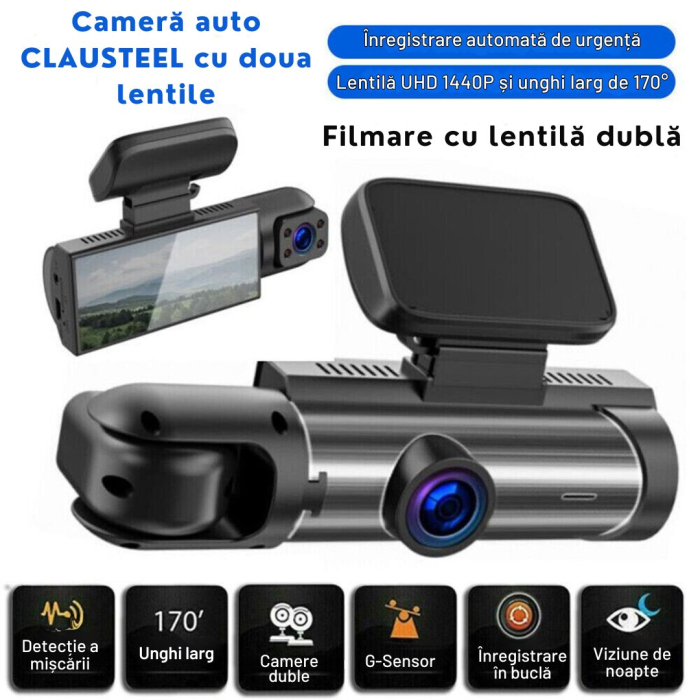 Camera Auto De Bord 2in1 Dual CLAUSTEEL DVR Camera High PRO Ultra HD 1440P, Wireless, 2 Lentile Fata-Interior, Unghi Ultra-Larg De 170°, Display 3.16", Night Vision HD, Inregistrare Dubla, Loop Record [2]