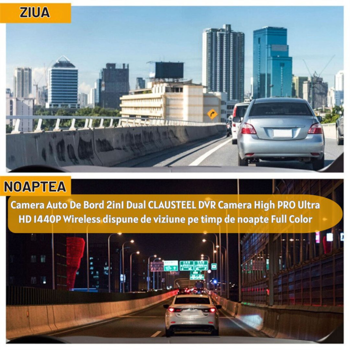 Camera Auto De Bord 2in1 Dual CLAUSTEEL DVR Camera High PRO Ultra HD 1440P, Wireless, 2 Lentile Fata-Interior, Unghi Ultra-Larg De 170°, Display 3.16", Night Vision HD, Inregistrare Dubla, Loop Record [6]